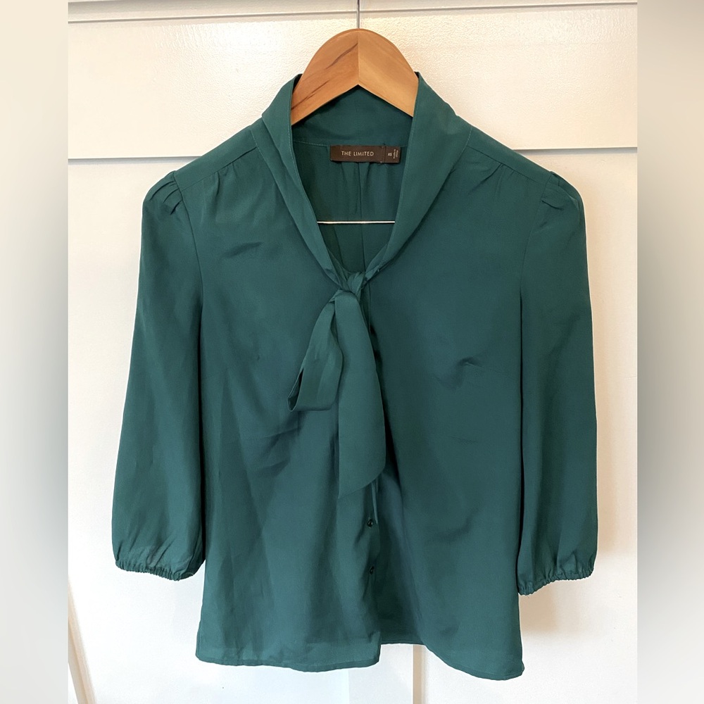 Emerald green tie neck button-up (XS, The Limited)
